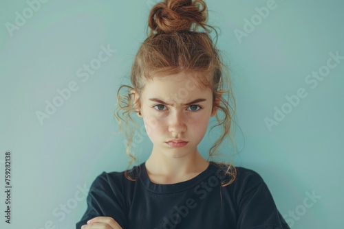Photo of a stubborn teenage girl on white background. Concept of adolescence, transition period, puberty, hormonal changes, psychological problems of children, teenagers, young generation. photo