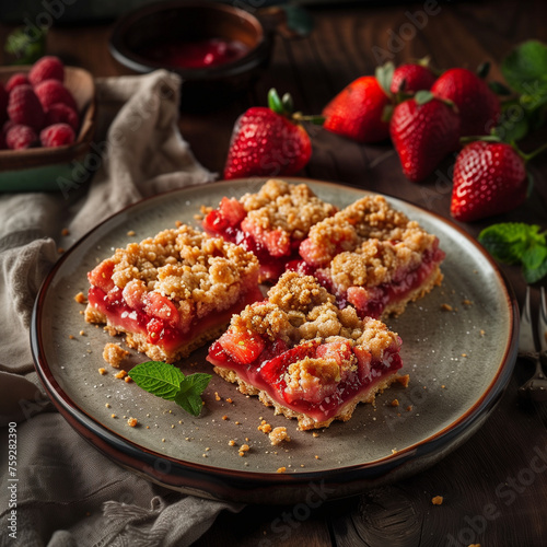strawberry crumble cake on a plate on a wooden table with a napkin