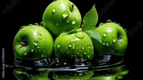 Luscious Immersion: Sweet Apples in Water Against a Black Background with Droplets
