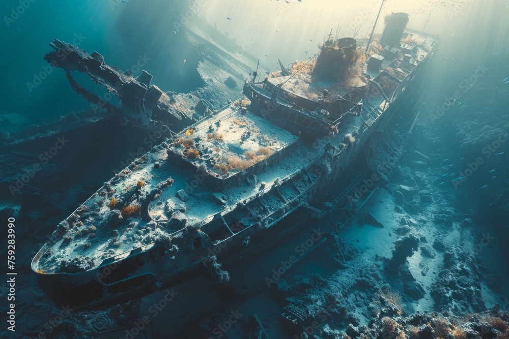 A shipwreck is seen in the ocean with a lot of debris and fish swimming around it. Scene is eerie and mysterious, as the ship is long gone and the ocean is filled with life - obrazy, fototapety, plakaty 