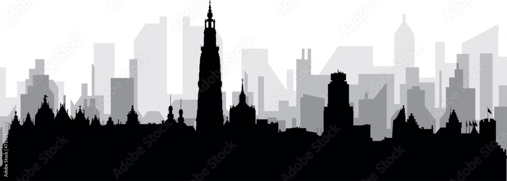 Black cityscape skyline panorama with gray misty city buildings background of ANTWERP, BELGIUM