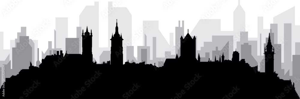 Black cityscape skyline panorama with gray misty city buildings background of GHENT, BELGIUM
