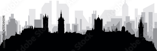Black cityscape skyline panorama with gray misty city buildings background of GHENT, BELGIUM