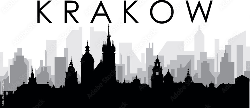 Obraz premium Black cityscape skyline panorama with gray misty city buildings background of KRAKOW, POLAND