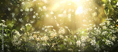 white flowers in the woods with sunshine photo