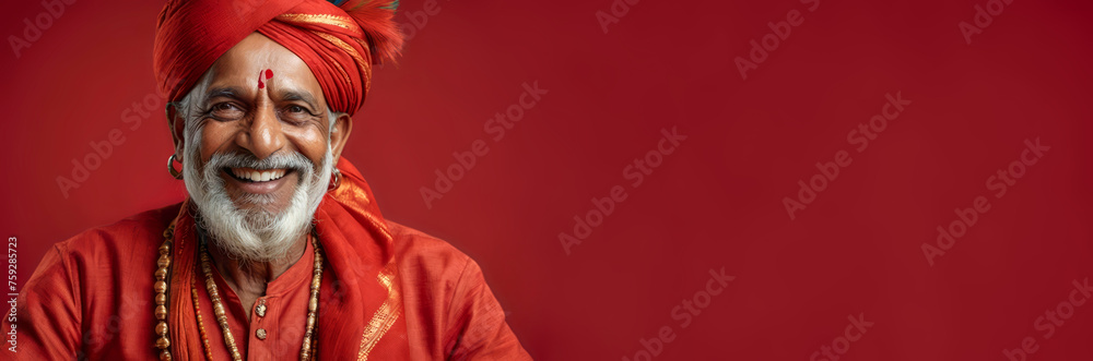 Joyful smiling senior Indian man with grey beard and turbant looking at the camera isolated on vivid red background, wide panoramic banner with copy space for text, website header or advertisement