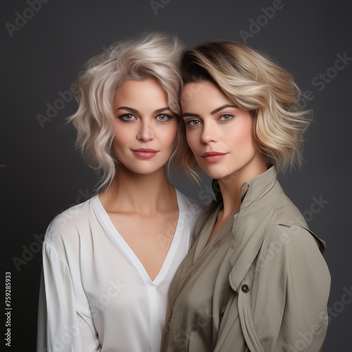 Image capturing a Lovely white woman, blending mature and youthful features, each captured in a studio setting, gazing independently at the camera against a gray backdrop, flaunting a chic wave hairst photo