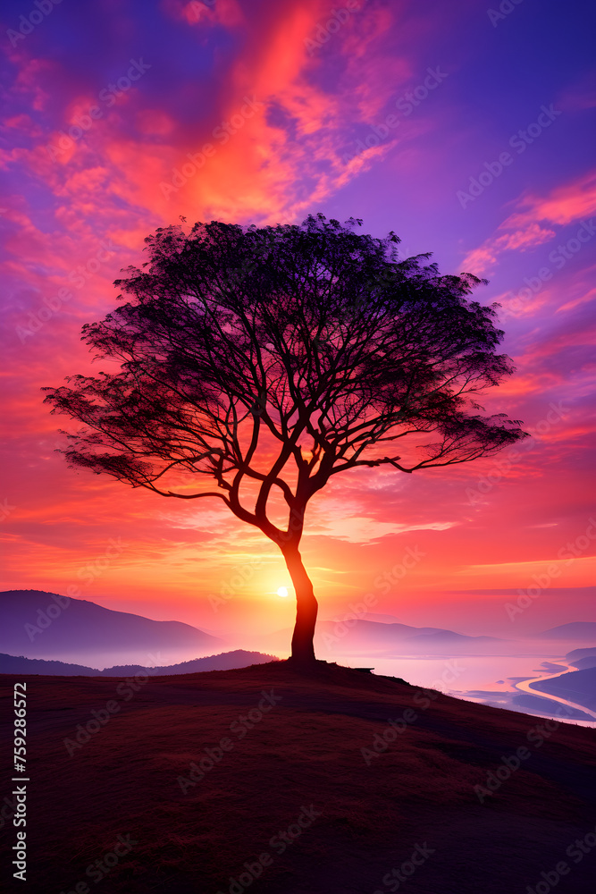 Resplendent Sunset Over the Horizon: A Spectacular Display of Nature's Twilight Colors and the Silhouette of a Solitary Tree