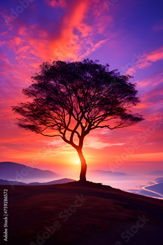 Resplendent Sunset Over the Horizon: A Spectacular Display of Nature's Twilight Colors and the Silhouette of a Solitary Tree