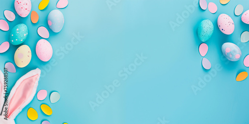 Happy Easter background with colorful eggs with pink, blue and yellow colors and bunny ears made of paper on pastel blue color, top view, flat lay for greeting card design template, space for copy. photo