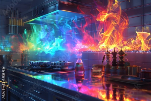 A chef robot in a shiny, metallic kitchen, cooking with rainbow-colored flames photo