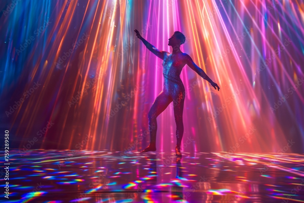 A dancer in a radiant, holographic leotard performing under a cascade of luminous, multicolored light beams