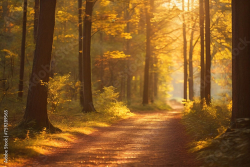 A pathway through a forest, with the dappled golden sunlight creating a mesmerizing bokeh on the ground.