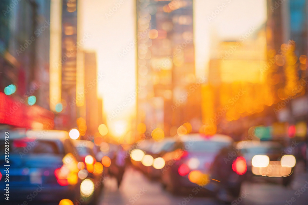 an Abstract blur of a bustling cityscape during golden hour, skyscrapers and traffic lights transformed into bokeh.
