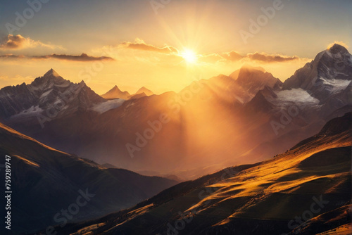 A sunlit mountain range, with the golden sun setting behind the peaks, creating a breathtaking bokeh panorama.