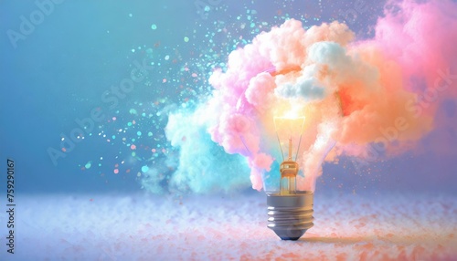 Lightbulb with pastel-colored cloud exploding from it. The creative process, ideas, brain explosion, thinking thought process.