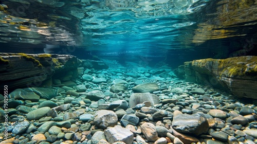 A view of a river with rocks and water under the surface, AI