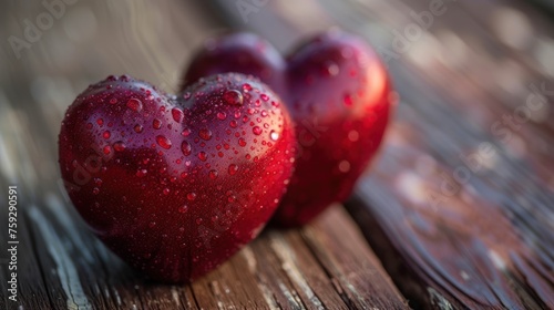 a couple of red hearts sitting on top of a wooden table covered in raindrops on top of a wooden surface. photo