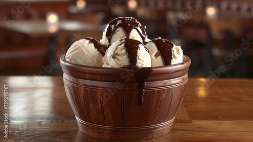 a bowl of ice cream with chocolate drizzle and a drizzle of ice cream on top of it. photo