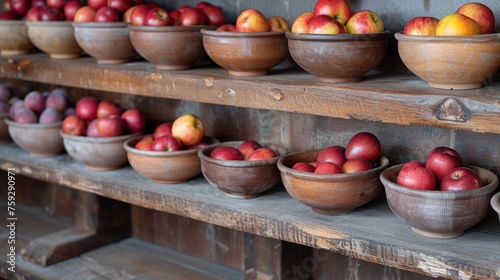 a wooden shelf filled with lots of bowls filled with red and yellow apples next to other bowls filled with red and yellow apples. photo