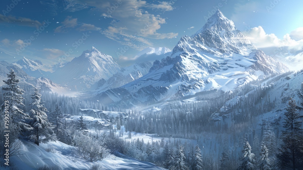 A painting of a snowy mountain with trees and snow, AI