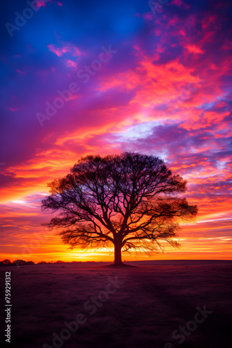 Resplendent Sunset Over the Horizon: A Spectacular Display of Nature's Twilight Colors and the Silhouette of a Solitary Tree © Marie
