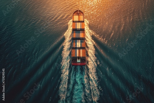 A large cargo ship is sailing through the ocean with the sun setting in the background. The ship is the main focus of the image, and the sun's reflection on the water creates a serene