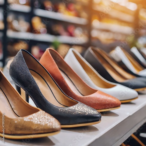 Fila de sapatos femininos á venda. Compras, Consumo, Mulheres, Loja.