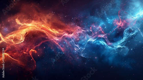 A colorful abstract painting of a space scene with blue and red, AI