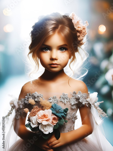 Flower girl in wedding ceremony, cute little model wearing beautiful dress and carrying flower basket