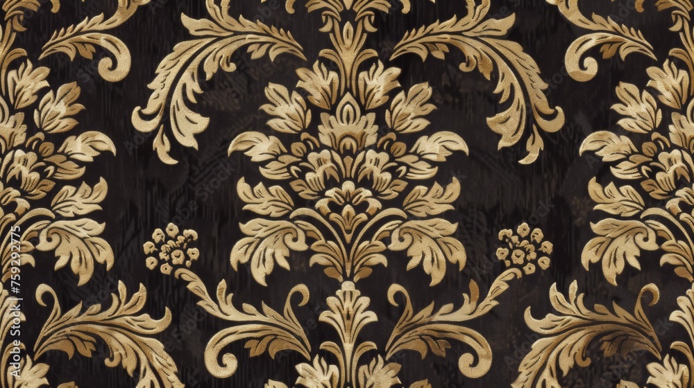 A black and gold wallpaper with a floral design, AI