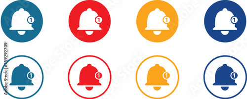 A set of bell icons with notification count badges, presented in various colors within circular frames, for application interfaces.