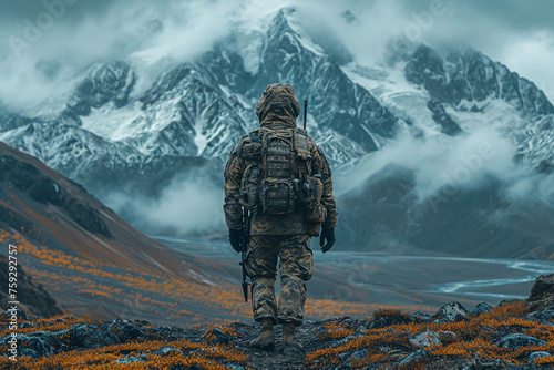 Soldier standing proudly on a mountain. Soldier concept © MALIK