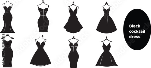 Black cocktail dress, classic silhouette. Vector. Illustration for logo design of a clothing store, women's boutique. A symbol of femininity, beauty, fashion, attractiveness