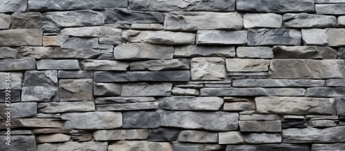 A detailed closeup of a grey stone wall made up of rectangular bricks. The intricate brickwork creates a beautiful pattern in this composite material building material