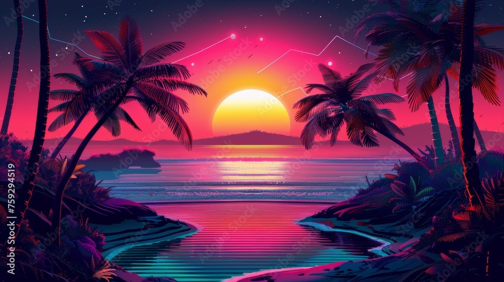 A sunset with a tropical setting and palm trees, AI