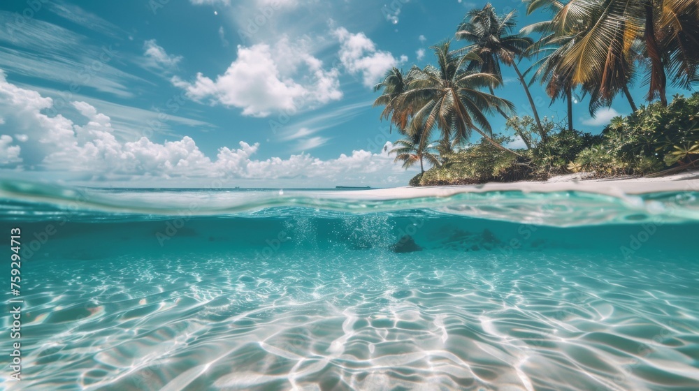Fototapeta premium A view of the ocean from under water with palm trees, AI