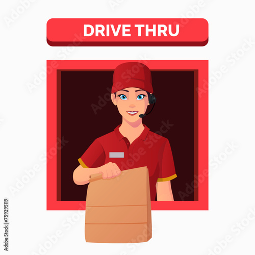 Fast Food Restaurant worker, Woman Serving Order at a Drive Thru window, Cartoon Drive Thru Service Concept, Vector Illustration