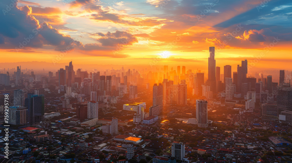 Vibrant sunset casting golden hues over a bustling cityscape with towering skyscrapers.