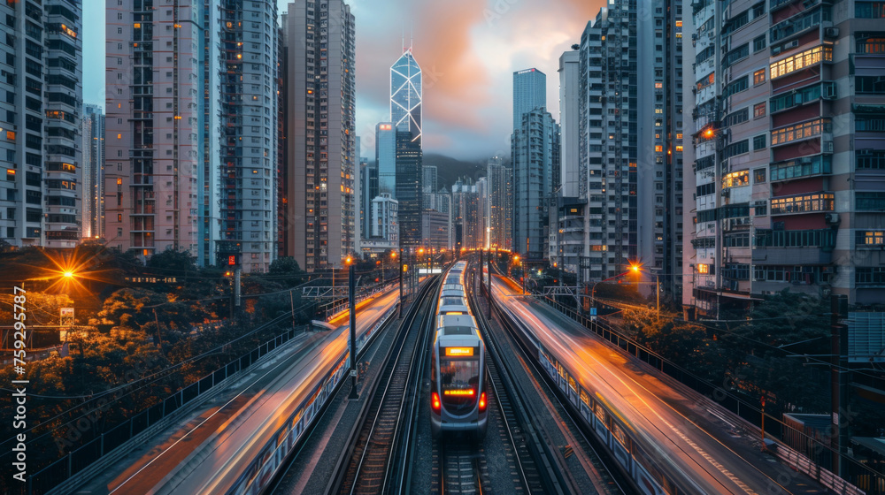 Speeding city train weaving through a dense urban environment during blue hour.