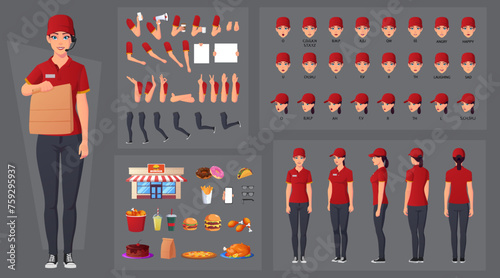 Fast-food Worker Character Creation Set, Woman Wearing Red Uniform with Various Food Items. Hand Gestures, Mouth Animation and Lip Sync. Vector Illustration