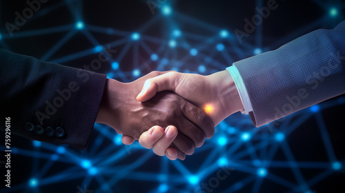 double exposure of business man handshake on modern office building background with network connection graphic diagram, partnership business, teamwork global, technology and digital internet concept