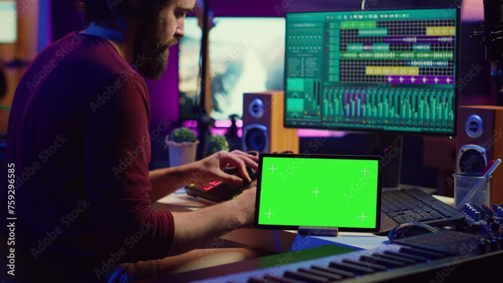 Musician mixing and mastering sounds at home studio with electronic console and soundboard, creating modern tunes. Sound engineer producing audio tracks with greenscreen on tablet. Camera A. Musician mixing and mastering sounds at home studio with electronic console and soundboard, creating modern tunes. Sound engineer producing audio tracks with greenscreen on tablet. Camera A.