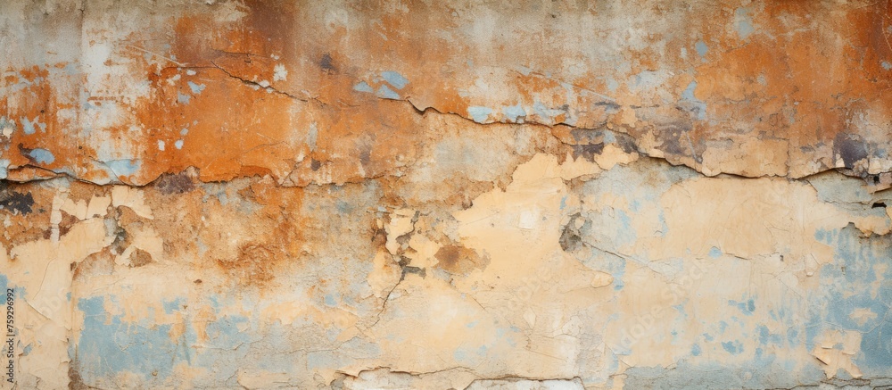 A closeup shot of a cracked wall with peeling paint in beige and brown hues, resembling a unique art pattern. The visual arts piece features rectangular shapes resembling a wood flooring drawing