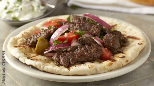 A plate of a flatbread with meat, onions and tomatoes, AI