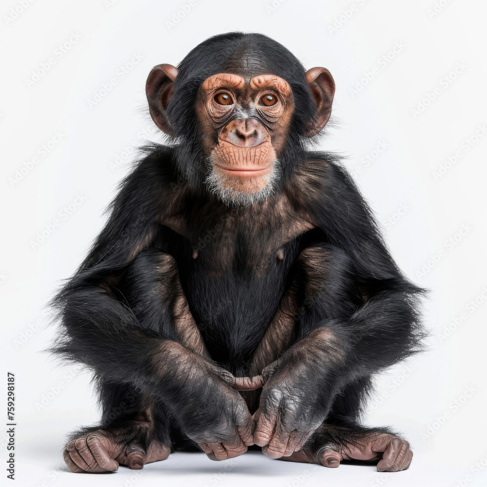 Fototapeta premium Highly detailed portrait of a chimpanzee sitting calmly against a white studio background.