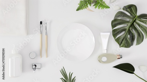 A white plate with a fork and spoon, toothbrush, soap, plant leaves, AI