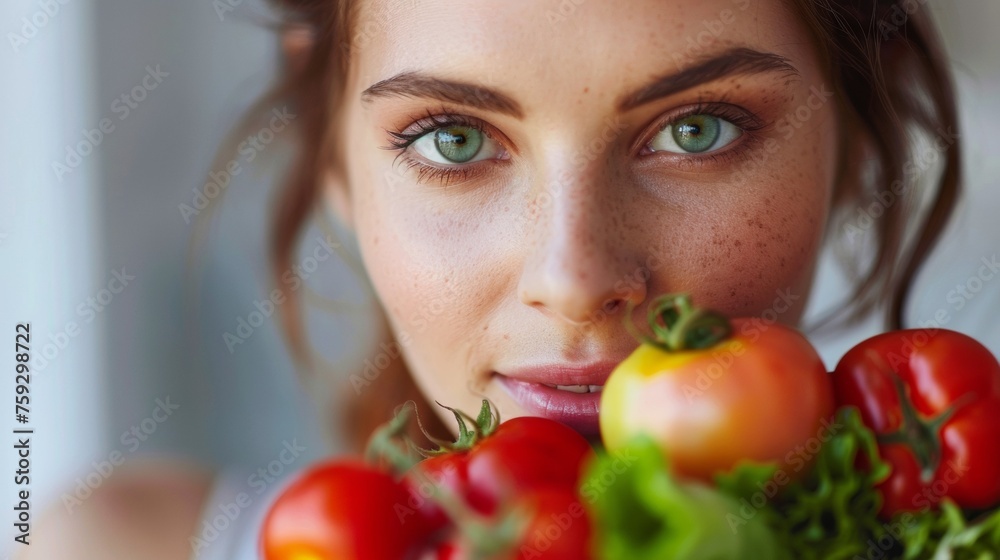 A woman holding a bunch of tomatoes and some other vegetables, AI A woman holding a bunch of tomatoes and some other vegetables, AI