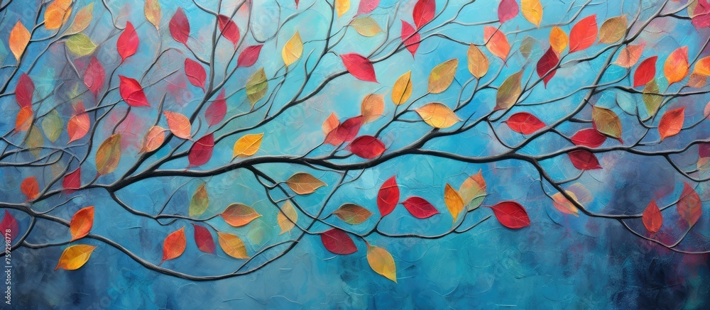 Colorful Leaf Branches on Textured Blue Background