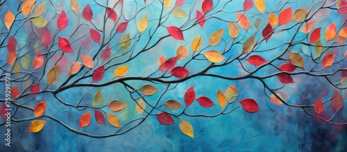 Colorful Leaf Branches on Textured Blue Background © Vusal